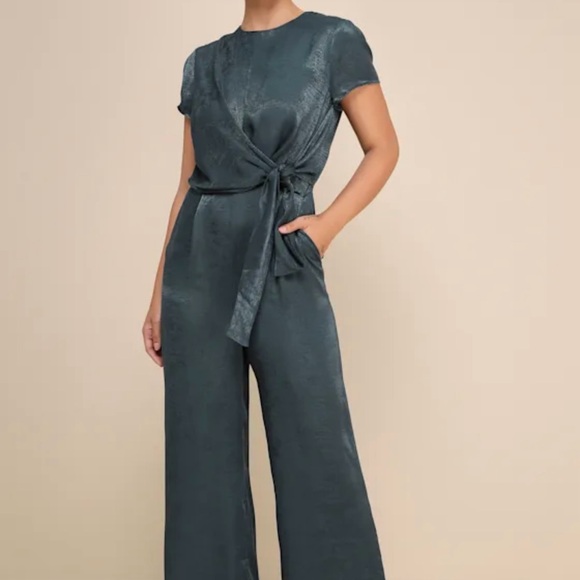 Let Me Entertain You Dark Green Satin Wide-Leg Jumpsuit - Picture 5 of 7